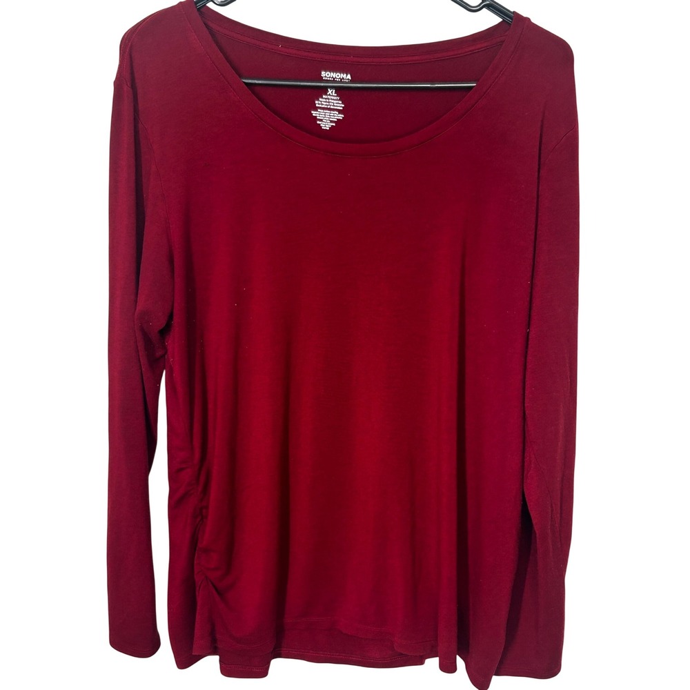 Sonoma Maternity Dark Red Long-Sleeved Tee Ruched Sides Women's XL‎ Maternity